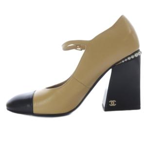 パンプス チャンキーヒール ココマーク パール装飾 39 ベージュ ブラック