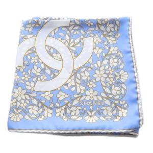 CHANEL フローラル シルク スカーフ ホワイト ライトブルー