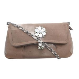 ハンドバッグ チェーンハンドル ビジュー がま口 絹 シルク 茶 ブラウン /JS