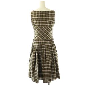 FOXEY BOUTIQUE シルクスクエアネックギンガムチェックワンピース ロング 38 カーキ 20079 /HK OS