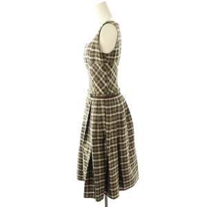 FOXEY BOUTIQUE シルクスクエアネックギンガムチェックワンピース ロング 38 カーキ 20079 /HK OS