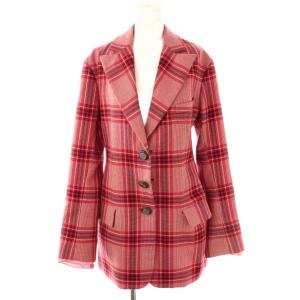 チェック ロングジャケット テーラード 38 レッド /HK OS