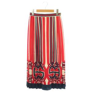 近年モデル 総柄 シルク プリーツ スカート 36 レッド ベージュ 686960