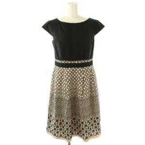 花柄刺繍 フレンチスリーブ ワンピース ひざ丈 半袖 4 黒 ブラック ベージュ /AT OS