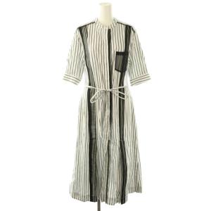 コットンストライプオーガンジー半袖ワンピース ミモレ ロング 6 白 ホワイト 黒 ブラック /AT OS