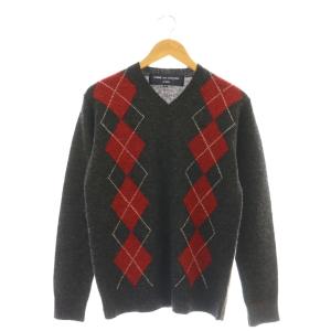 アーガイル柄 Vネックニット セーター M グレー 赤 レッド /AT OS
