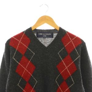 COMME des GARCONS HOMME アーガイル柄 Vネックニット セーター M グレー 赤 レッド /AT OS