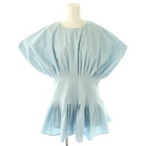 タイプライターウエストタックデザインブラウス フレンチスリーブ M 水色 /AT OS