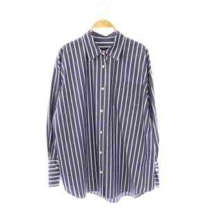 コットンポリブロードターンナップカフシャツ ブラウス 長袖 前開き 紺 白 /NR OS