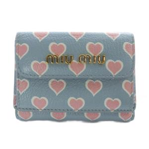 レザー ハートプリント 三つ折り財布 ロゴ 水色 ライトブルー ピンク /SR OH