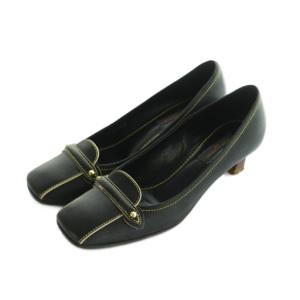 パンプス スクエアトゥ ローファーデザイン 金具装飾 ステッチ ローヒール 34.5 22.0cm 黒