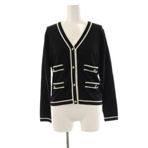 バイカラーVネックニットカーディガン 長袖 36 黒 ブラック 白 ホワイト 0322353074 /AT