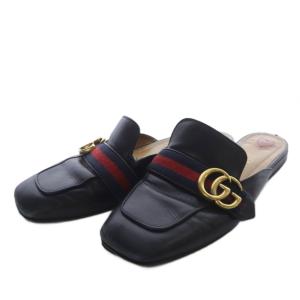 GUCCI シェリーライン プリンスタウン ダブルG GGマーモント スリッパ ミュール スクエア レザー 37 ブラック