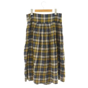 Y's チェック スカート フレア ミモレ ロング 2 紺 ネイビー 黄 イエロー /AT OS