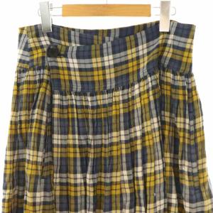 Y's チェック スカート フレア ミモレ ロング 2 紺 ネイビー 黄 イエロー /AT OS
