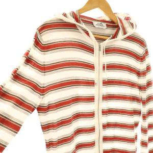 HERMES ボーダー ジップアップパーカー フーディー S ホワイト レッド /DF OS