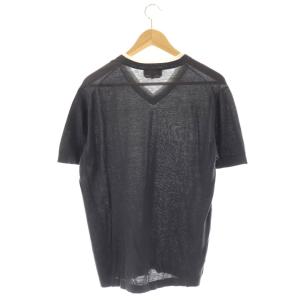 HERMES Vネック フェイクレイヤード 半袖 コットンニット プルオーバー M ダークグレー /DF OS