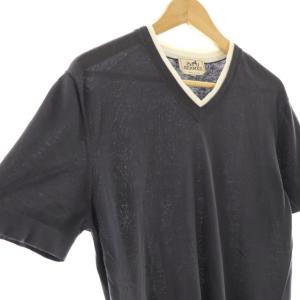 HERMES Vネック フェイクレイヤード 半袖 コットンニット プルオーバー M ダークグレー /DF OS