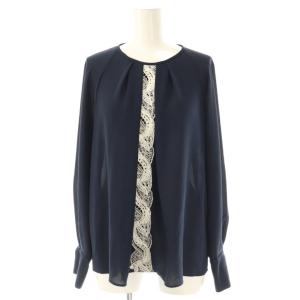 ジョーゼット レース タック ブラウス 長袖 38 ネイビー /HK OS