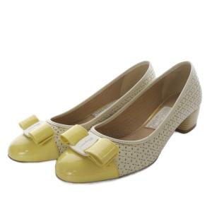 パンプス ハイヒール ヴァラ リボンモチーフ レザー バイカラー ホワイト イエロー /YO5