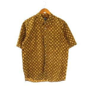 90s 総柄半袖シャツ M ブラウンベージュ イエローベージュ