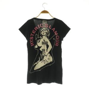 HYSTERIC GLAMOUR ギターガール 半袖Tシャツ チュニック カットソー Uネック プリント F ブラック /MY OS