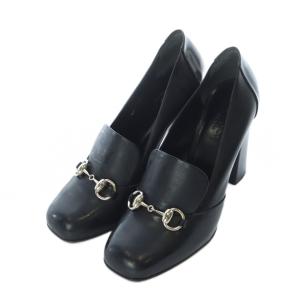 ビットエナメルヒールパンプス チャンキーヒール スクエアトゥ レザー 35.5 22.5cm 黒 ブラック