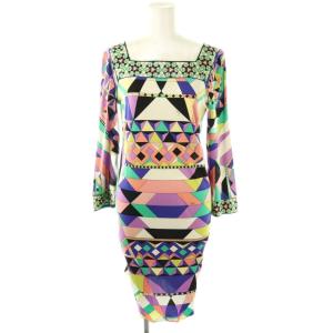 スクエアネック総柄シルクワンピース 膝丈 長袖 40 マルチカラー /HK OS