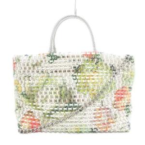 ワイヤーコードメッシュハンドバッグ チェーンショルダー 2WAY 斜め掛け PVC 白 ホワイト フラワープリント