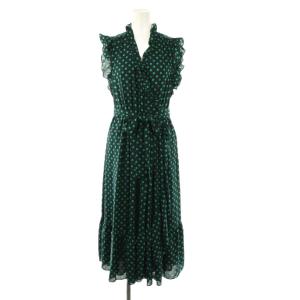 ドット柄 フリル ノースリーブ ワンピース ミモレ ロング 0 紺 ネイビー /AT OS