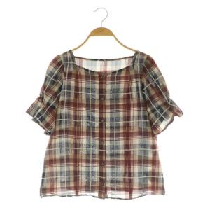 シアークレストブリッジタータンチェックシャツブラウス 五分袖 スクエアネック 38 アオ /MY OS