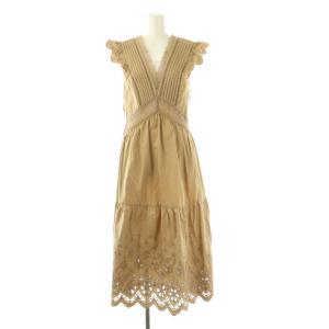 レース 刺繍切り替え ワンピース ロング ノースリーブ US2 ベージュ /HK OS SH