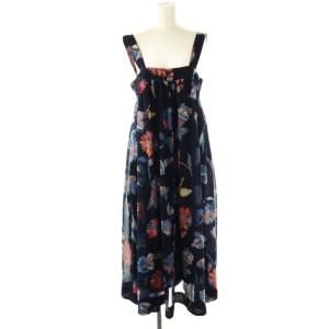 Sleeveless midi dress 総柄ワンピース マキシ ロング ノースリーブ 38 紺 ネイビー