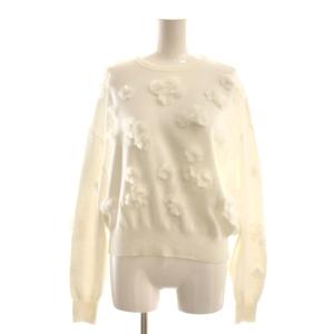 3D フラワークルーネックニット セーター 長袖 白 ホワイト /AT OS