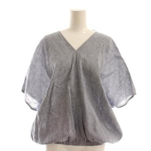 チェック Vネック リネンブラウス フレンチスリーブ 半袖 紺 ネイビー 白 ホワイト /AT OS