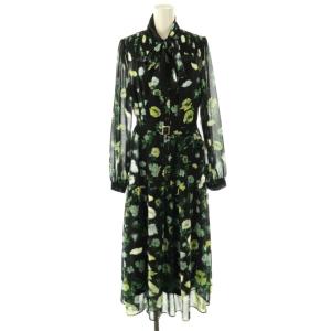 24SS グラデフラワープリントワンピース ロング ベルト付き 38 ブラック /DF OS