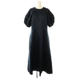 シルク混パフスリーブワンピース リネン 36 ネイビー