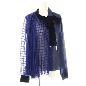 ベルベットカラー シアープリーツブラウス シャツ 長袖 ネイビー ブルー /HK OS