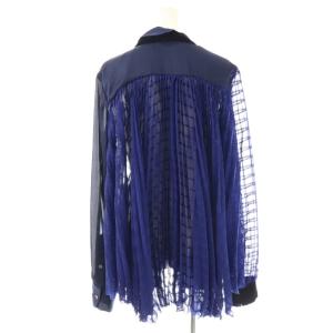 sacai ベルベットカラー シアープリーツブラウス シャツ 長袖 ネイビー ブルー /HK OS