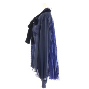 sacai ベルベットカラー シアープリーツブラウス シャツ 長袖 ネイビー ブルー /HK OS