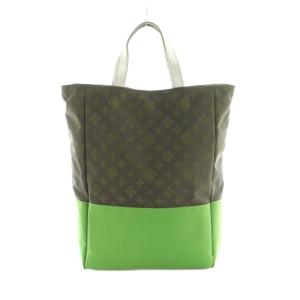 バイカラートートバッグ モノグラム柄 茶 黄緑 /MI OS