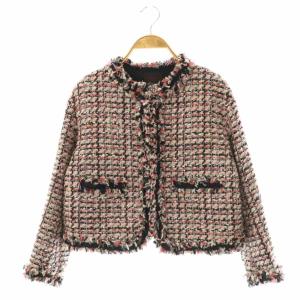 コーラルファンシーツイード カラーレスジャケット 36 ピンク ブラック