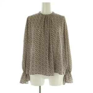 24AW BBカリグラフィプリント タックネックブラウス 長袖 プルオーバー ギャザー 36 ベージュ