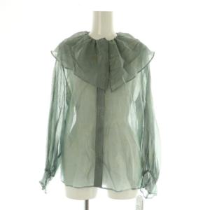 23AW グリッタープリント ラッフルカラーブラウス 長袖 ギャザー シアー 36 ライトブルー系 /MY