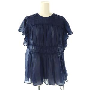 24SS コットンシルク混 シャーリングラッフルスリーブブラウス 36 ブルー /DF OS