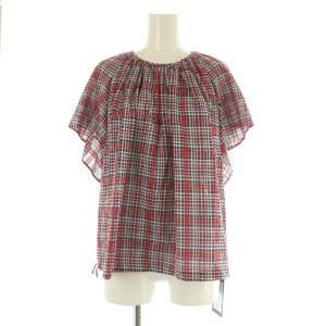 24SS クレールチェック ラッフルスリーブブラウス 半袖 プルオーバー 36 レッド /MY OS