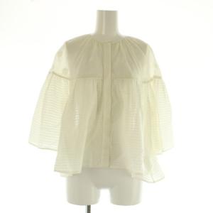 24SS テクスチャーコンビ サーキュラースリーブブラウス 七分袖 比翼ボタン シアー シースルー シルク混