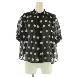 24SS ルコットンドットプリント ギャザーブラウス 五分袖 バンドカラー シアー 36 ブラック /MY