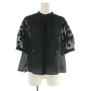 24SS テクスチャーコンビ ランタンスリーブブラウス 五分袖 プルオーバー シアー シルク混 ラメ 36