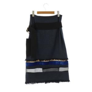 AKANE UTSUNOMIYA ベロア切替ベルテッドラップ調スカート ロング フレア ウール 36 紺 黒 /NR OS